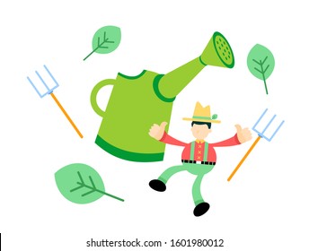 farmer worker and water pot agriculture cartoon doodle flat design style vector illustration 