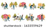 Farmer Working. Agricultural Worker at Farm. Man with Shovel, Pitchfork, Steel Milk Can. Cow behind Fence or Grazing on Lawn. Barn Building. Gather Harvest, Hay. Natural Scene Set. Vector Illustration