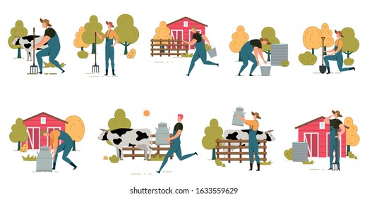 Farmer Working. Agricultural Worker at Farm. Man with Shovel, Pitchfork, Steel Milk Can. Cow behind Fence or Grazing on Lawn. Barn Building. Gather Harvest, Hay. Natural Scene Set. Vector Illustration