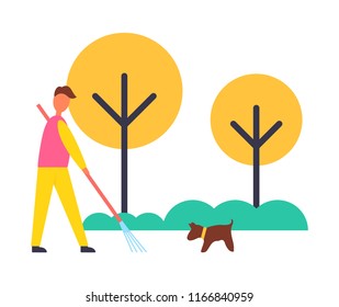 Farmer working in autumn garden with rake removing fallen leaves. Pet dog canine with man farming and cleaning yard. Yellow trees isolated vector icons