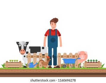 Farmer working character design organic agriculture smart farm. Flat vector illustration. 