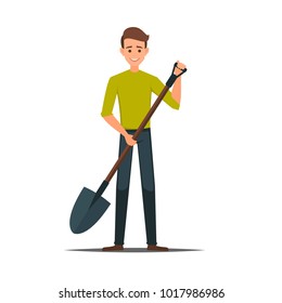 Farmer in working  clothes with a shovel in hand. farming, gardening, agriculture and people concept