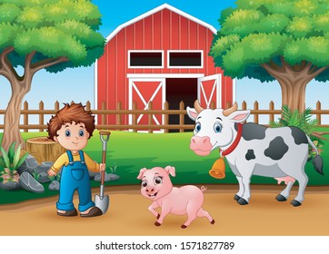 Farmer working at the farm landscape illustration