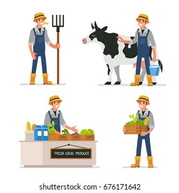 Farmer Working At Farm And Selling Farm Products. Flat Style Vector Illustration Isolated On White Background.