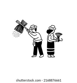 The farmer working in the farm. Vector illustration in flat cartoon design. Thai traditional culture. Farmer rice.