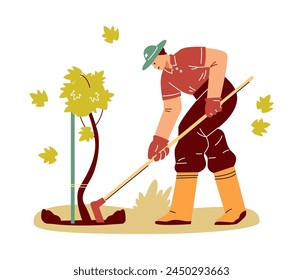 Farmer working in the garden with a hoe vector cartoon illustration. Loosening, hilling, cultivating the land for a better grape harvest isolated on white background. Agricultural farming
