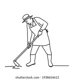 Farmer working with a hoe. Hand drawn vector illustration.