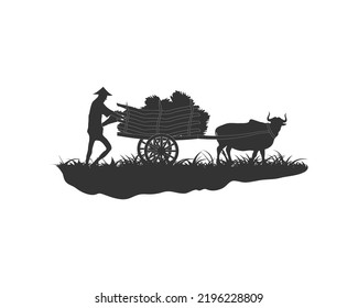 Granjero trabajando con carrito cargado de heno. Silhouette Bullock Cart. Toro y carreta