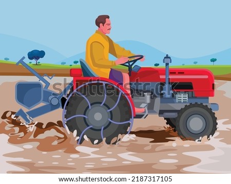 Farmer working  man driving tractor, agricultural machinery on field, countryside and rural area, harvesting and cultivation