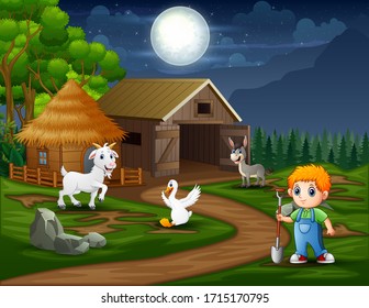 A Farmer Working At Night Landscape