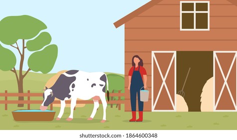 Farmer working on countryside farm. Woman taking care and watering of domestic cow. Rural, ranch, countryside, village lifestyle concept. Farmer character. Cartoon flat vector illustration
