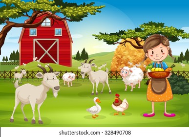 Farmer working on the farm with animals illustration