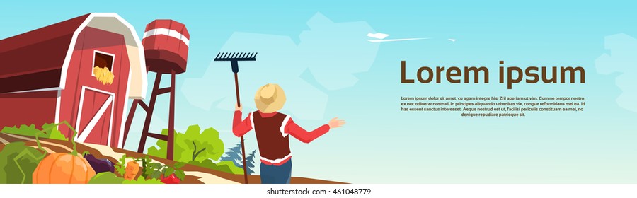 Farmer Working On Farm Barn Banner Vector Illustration