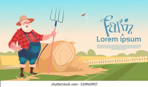 Farmer Working On Farm Hold Pitchfork Hay Harvest Flat Vector Illustration