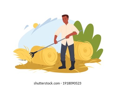 Farmer working on field vector illustration. Cartoon village worker agrarian character gathering hay with pitchfork in round haystack, countryside and farmland, agricultural work isolated on white