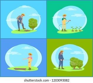 Farmer working on land with tools vector set of cartoon banners. Woman and man in uniform work on farm and garden, digging ground and watering plants