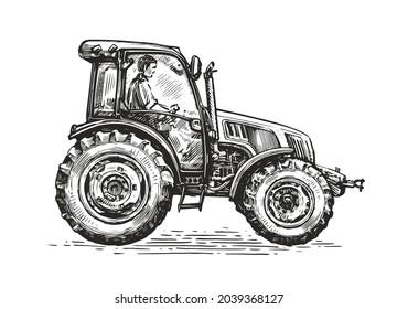 Farmer working on tractor. Farm, agriculture vector concept. Hand drawn sketch in vintage graphic style