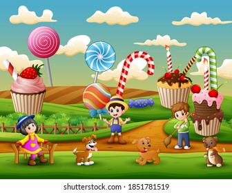 The farmer working at the sweet garden illustration