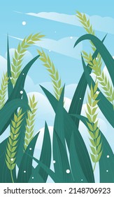 Farmer working in a wheat field in summer with wheat in the background, vector illustration