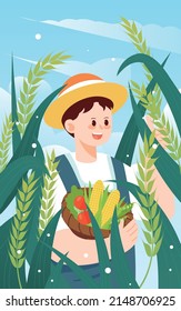 Farmer working in a wheat field in summer with wheat in the background, vector illustration