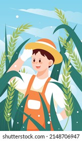 Farmer working in a wheat field in summer with wheat in the background, vector illustration