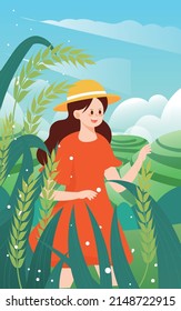 Farmer working in a wheat field in summer with terraces and wheat in the background, vector illustration