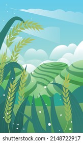 Farmer working in a wheat field in summer with terraces and wheat in the background, vector illustration