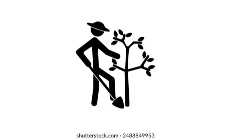 farmer works manually, black isolated silhouette