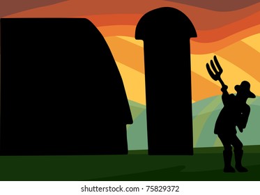 Farmer works with pitchfork in front of large barn and silo