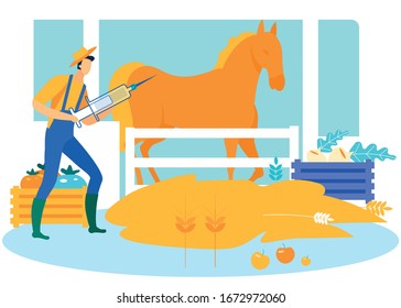 Farmer in Yellow Hat with Syringe in Hands Makes Horse Prick. Vector Illustration. Farm Business. Horses at Farm. Equestrian Sport. Man Caring for Horse. Farmer Makes Grafting Horses at Stable.