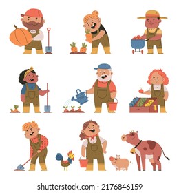 Farmers in action vector cartoon characters set isolated on a white background.