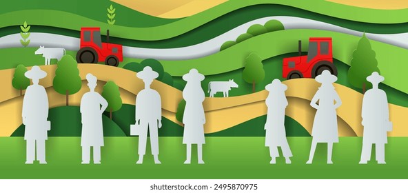 Farmers in agricultural landscape paper cut style illustration. Silhouettes of farmers with hats and briefcases red tractors cows trees rolling green hills