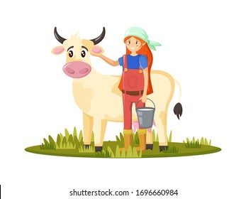 Farmers and agricultural work characters. Woman milkmaid with cow, collects milk. Agricultural gardener, agronomist engaged in household, ranch. Milk farmer agriculture products. Vector illustration.