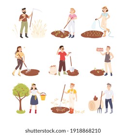 Farmers or Agricultural Workers Cultivating Plants and Gathering Crops Vector Illustration Set