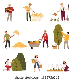 Farmers or Agricultural Workers Cultivating Plants and Gathering Crops Vector Illustration Set