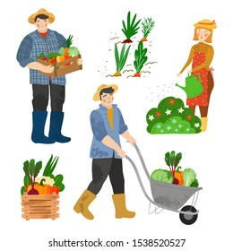 Farmers and agricultural workers. Male pulling wheelbarrow with vegetables and holds a box with farm products. Woman gardener watering plants.  Flat cartoon illustration. Hand drawn vector character. 