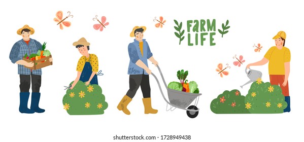 Farmers and agricultural workers. Male pulling wheelbarrow with vegetables and holds a box with farm products. Man gardener watering plants.  Flat cartoon illustration. Hand drawn vector character. 