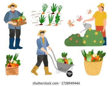 Farmers and agricultural workers. Male pulling wheelbarrow with vegetables and holds a box with farm products. Man gardener watering plants.  Flat cartoon illustration. Hand drawn vector character. 