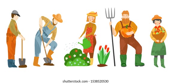 Farmers and agricultural workers. Men and women work in the farm: watering plants, picking vegetables and fruit, digging a garden.  Flat cartoon illustration. Hand drawn vector character. 