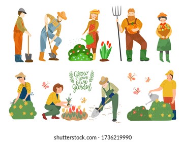 Farmers And Agricultural Workers. Men And Women Work In The Farm: Watering And Trimming Plants, Picking Vegetables, Fruit, Digging A Garden.  Flat Cartoon Illustration. Hand Drawn Vector Character. 