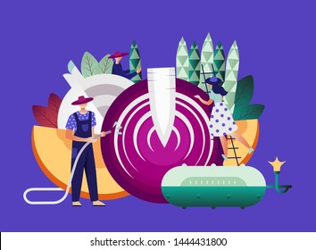 Farmers or agricultural workers planting crops, farm fresh organic vegetables market, locally grown, eco food. Vector illustration, character design