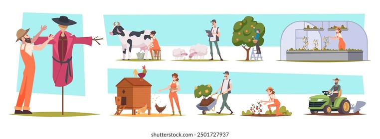 Farmers. Agricultural workers village lifestyle people rural workers daily routine of farmers exact vector template illustrations