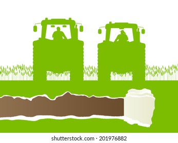 Farmers agriculture tractor in cultivated country grain field landscape background illustration vector ecology concept with ripped paper copy space