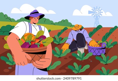 Farmers at agriculture works. Rural workers picking crops. Gardeners collecting vegetables at farm field. Person holds basket with harvest. People at farmland landscapes. Flat vector illustration