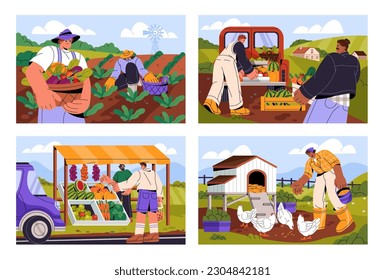 Trabajos agrícolas para granjeros. Los trabajadores rurales cultivan, recolectan verduras en el campo agrícola, venden cosechas en el mercado local. Personas en paisajes de tierras de cultivo. Ilustraciones vectoriales planas