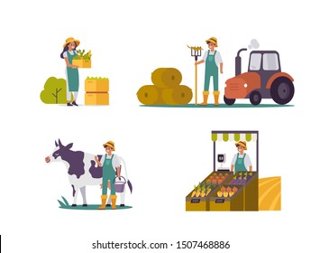 Farmers and Agriculturist set. People Characters harvesting, milking Cow, collecting Hay and sell Products on Market. Woman and Man working on Farm. Organic Farming concept. Flat Vector Illustration.