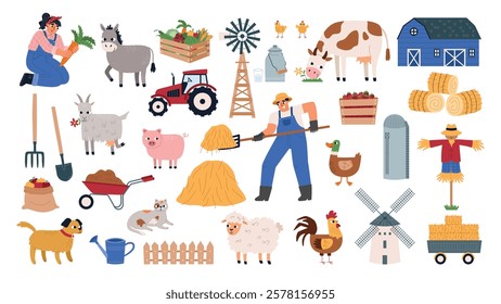 Farmers with animals. Agricultural industry, domestic fauna, hay, tools, tractor and outbuildings, donkey, piglet, cow and goat, vector set