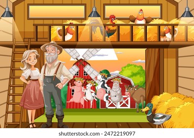 Farmers with animals in a barn