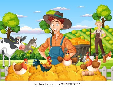 Farmers with animals and hay bales