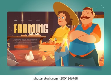 Farmers in barn cartoon landing page, ranchers farm house with chicken and vegetable or fruit crop. Agricultural production, poultry or fowl eco food, ranch market natural products, vector web banner